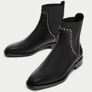 Zara NWT Black leather Studded Chelsea Boot